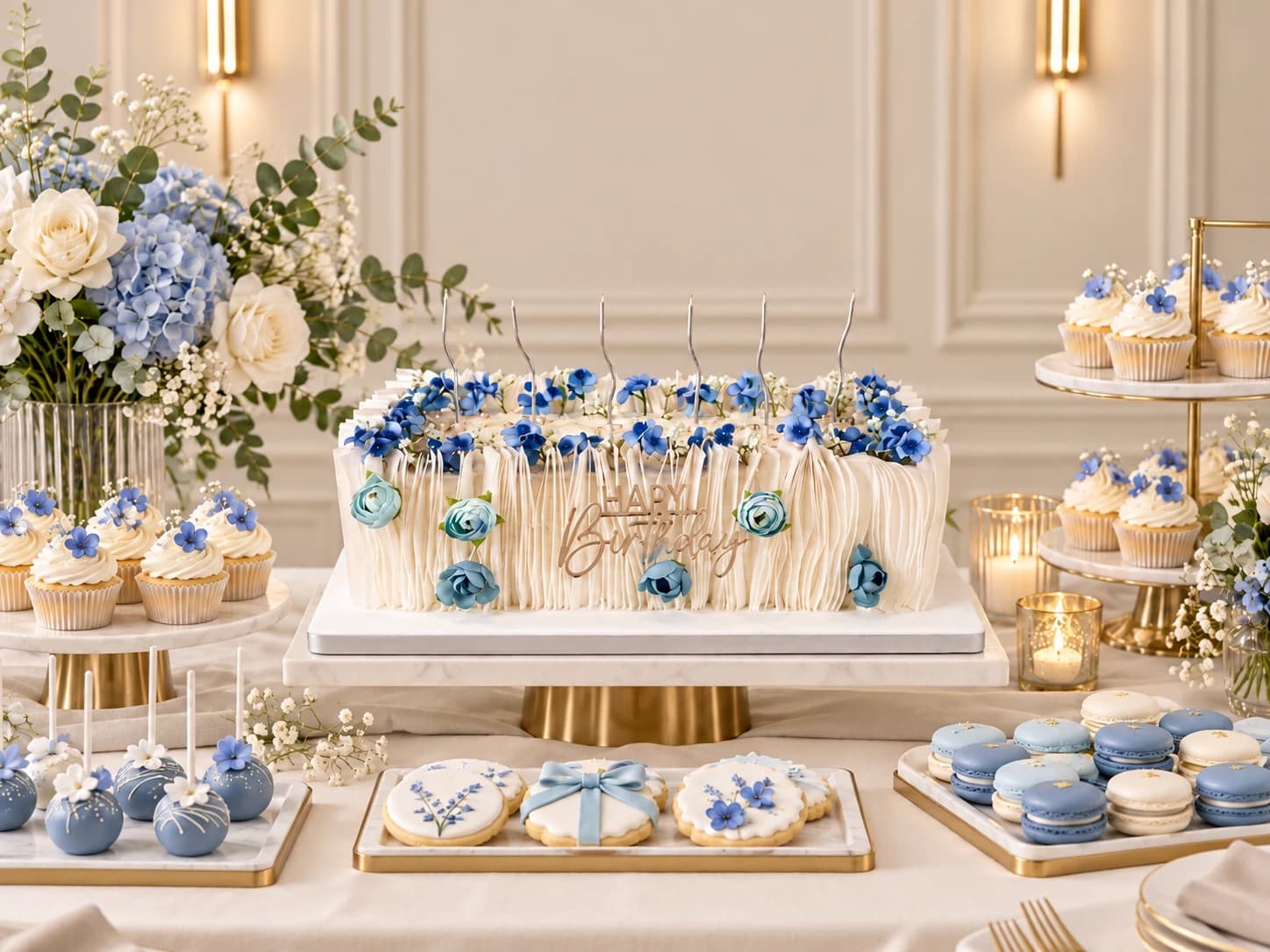 Mesa de bocaditos y detalles azules para bautizo