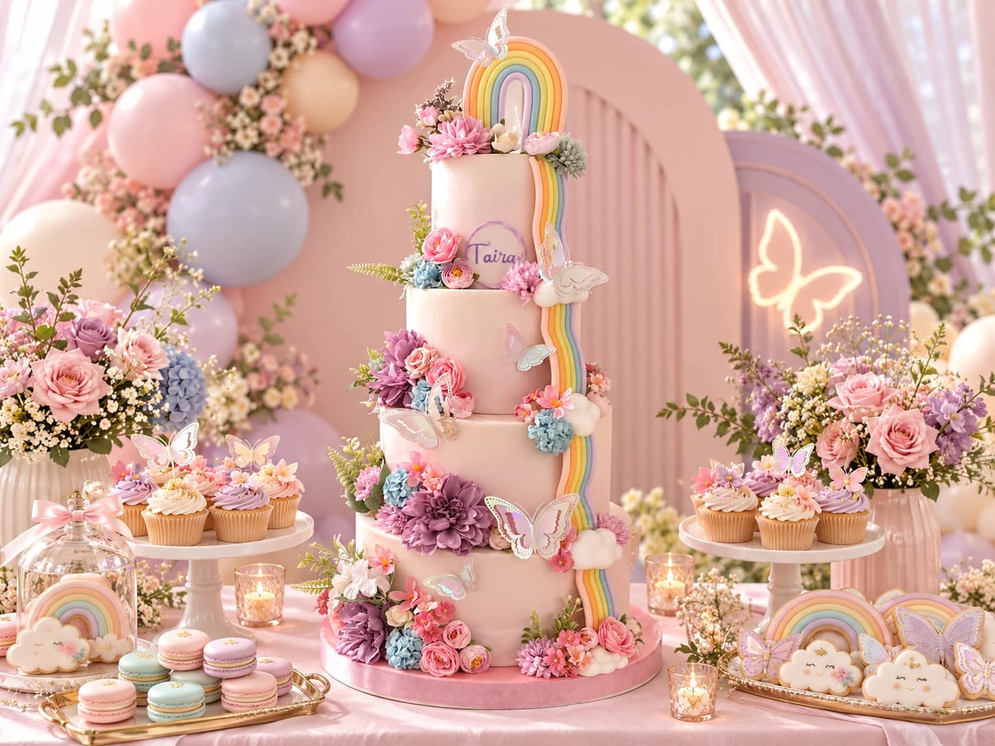 Torta de unicornio con flores y globos pastel