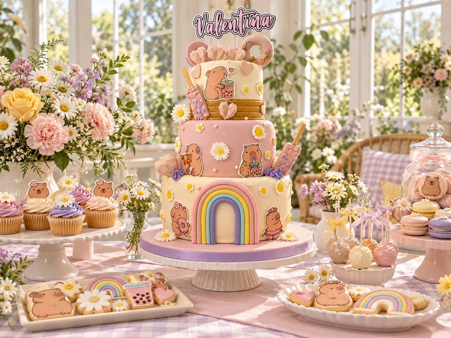 Torta de cumpleaños con arcoíris y dulces de colores