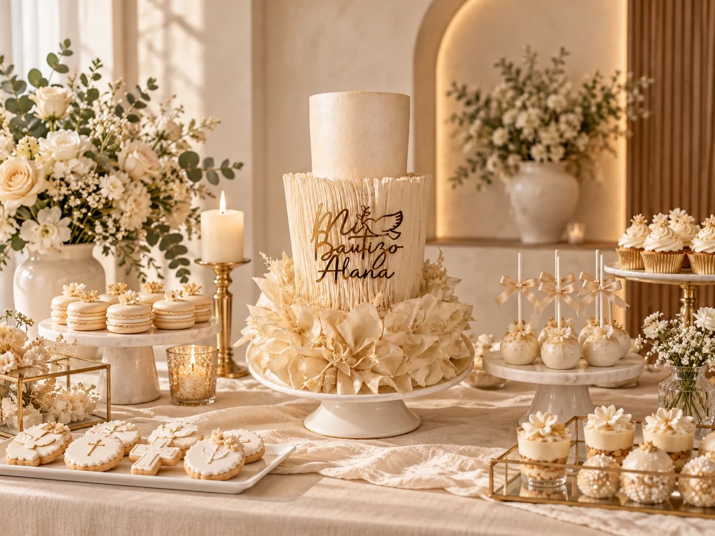 Torta de boda de tres pisos con flores blancas