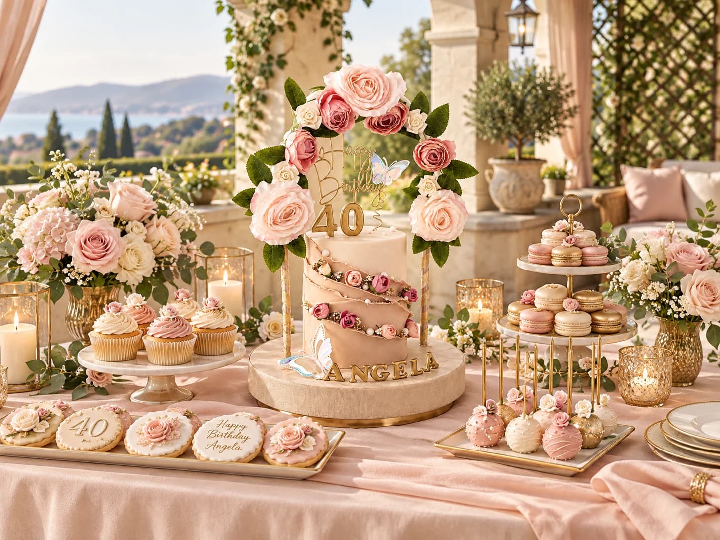 Torta de aniversario con rosas y decoración dorada