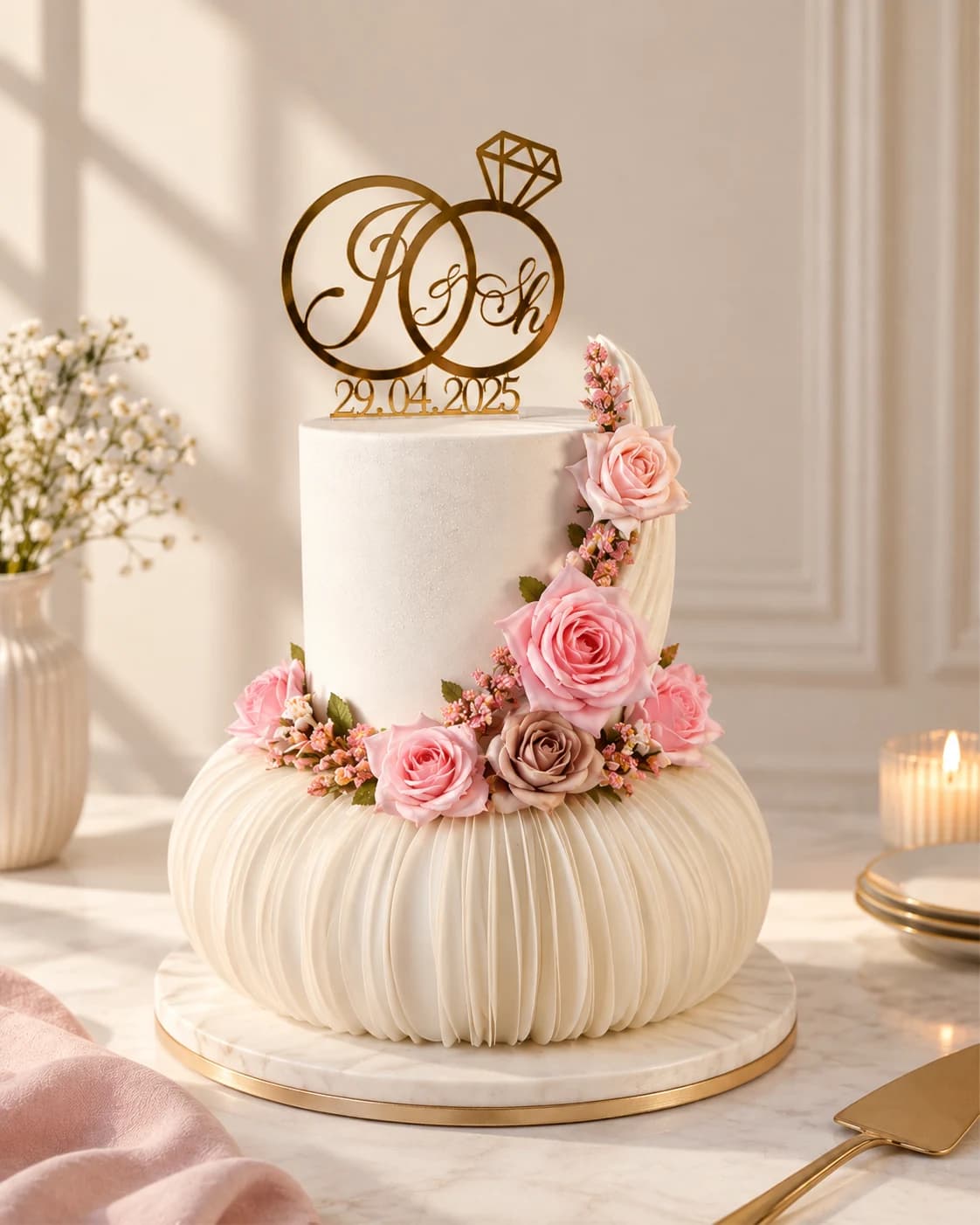 Torta de compromiso con anillos dorados
